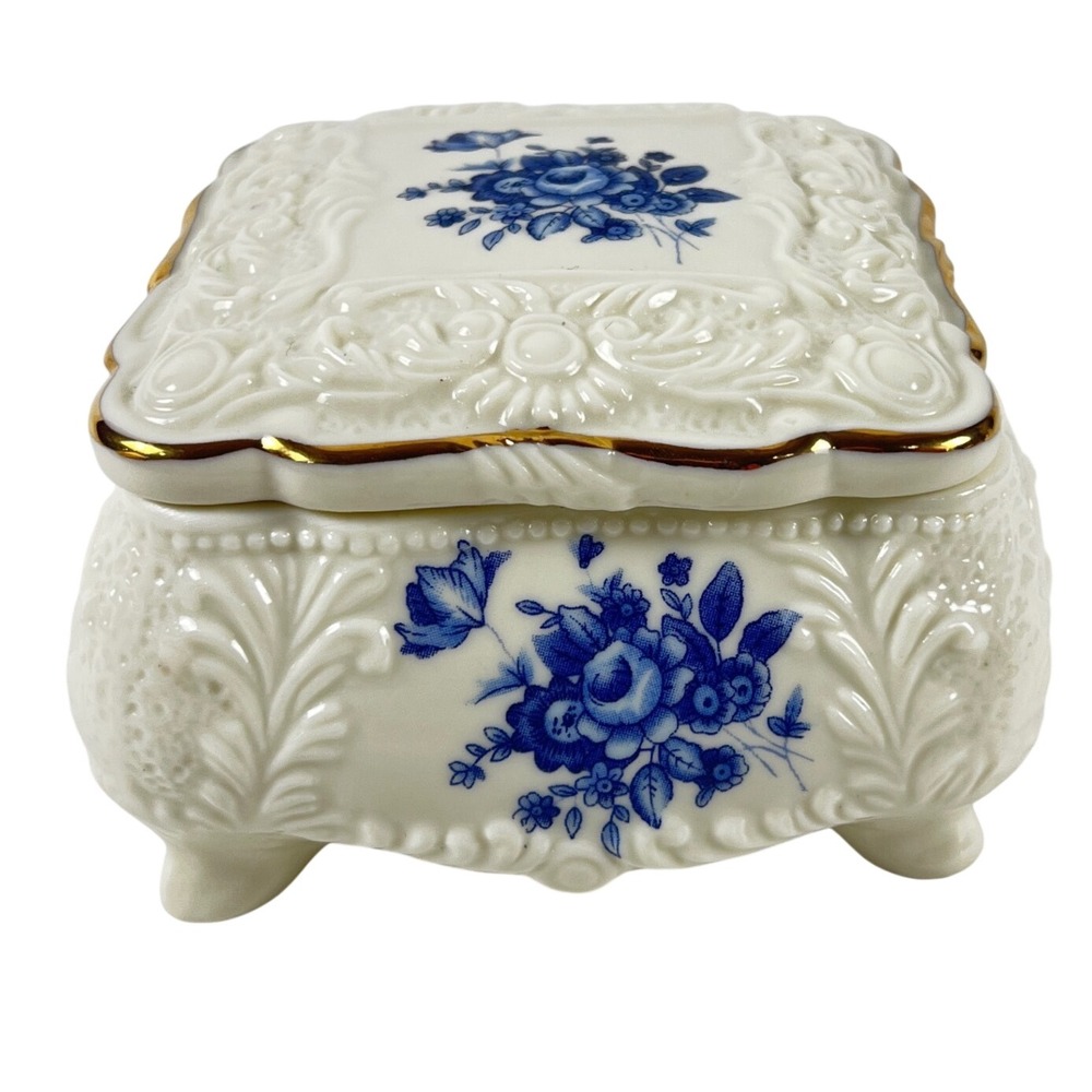 Vintage 70's Porcelain Trinket Jewelry Box Blue Floral Gold Trim Embossed Footed